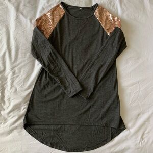 Grey Dip Hem Long Sleeve With Rosegold Sequins